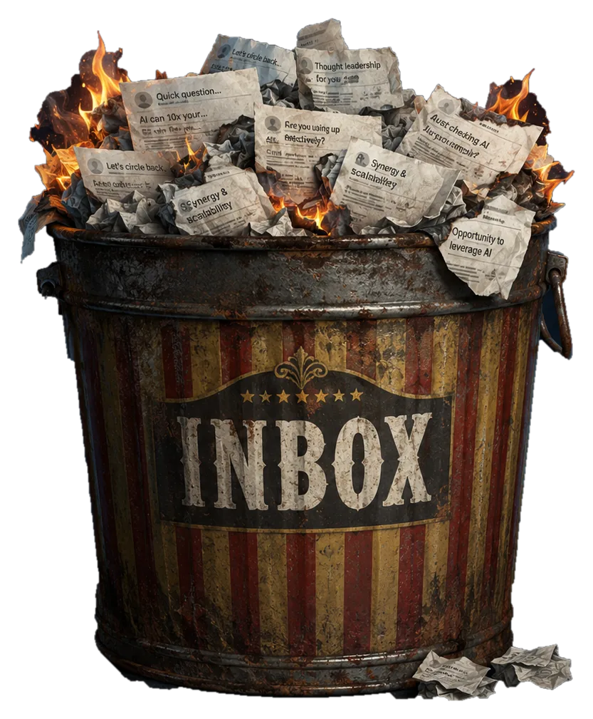 An overflowing inbox of generic AI spam, set on fire