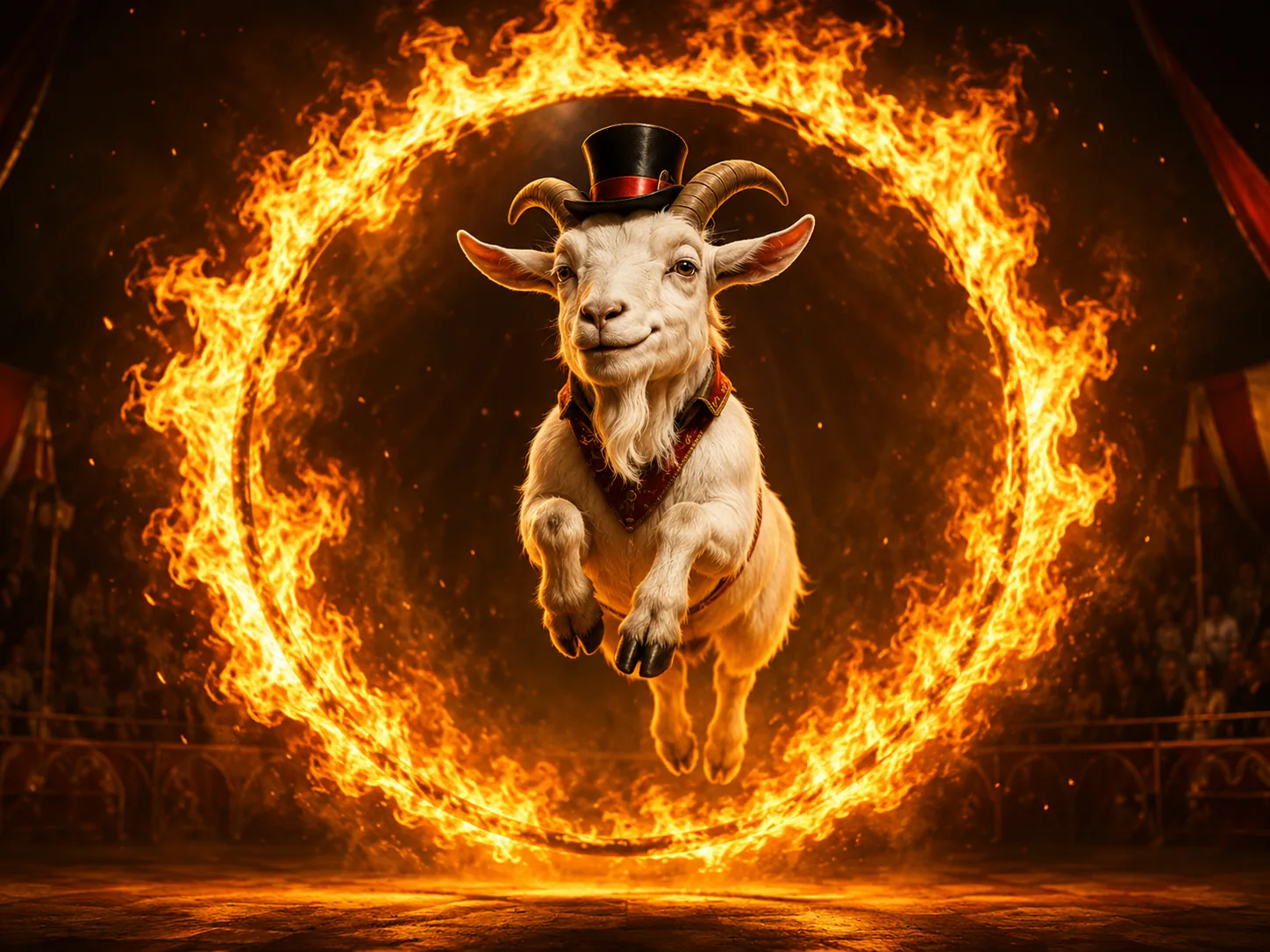 A top-hatted goat leaping through a flaming circus hoop
