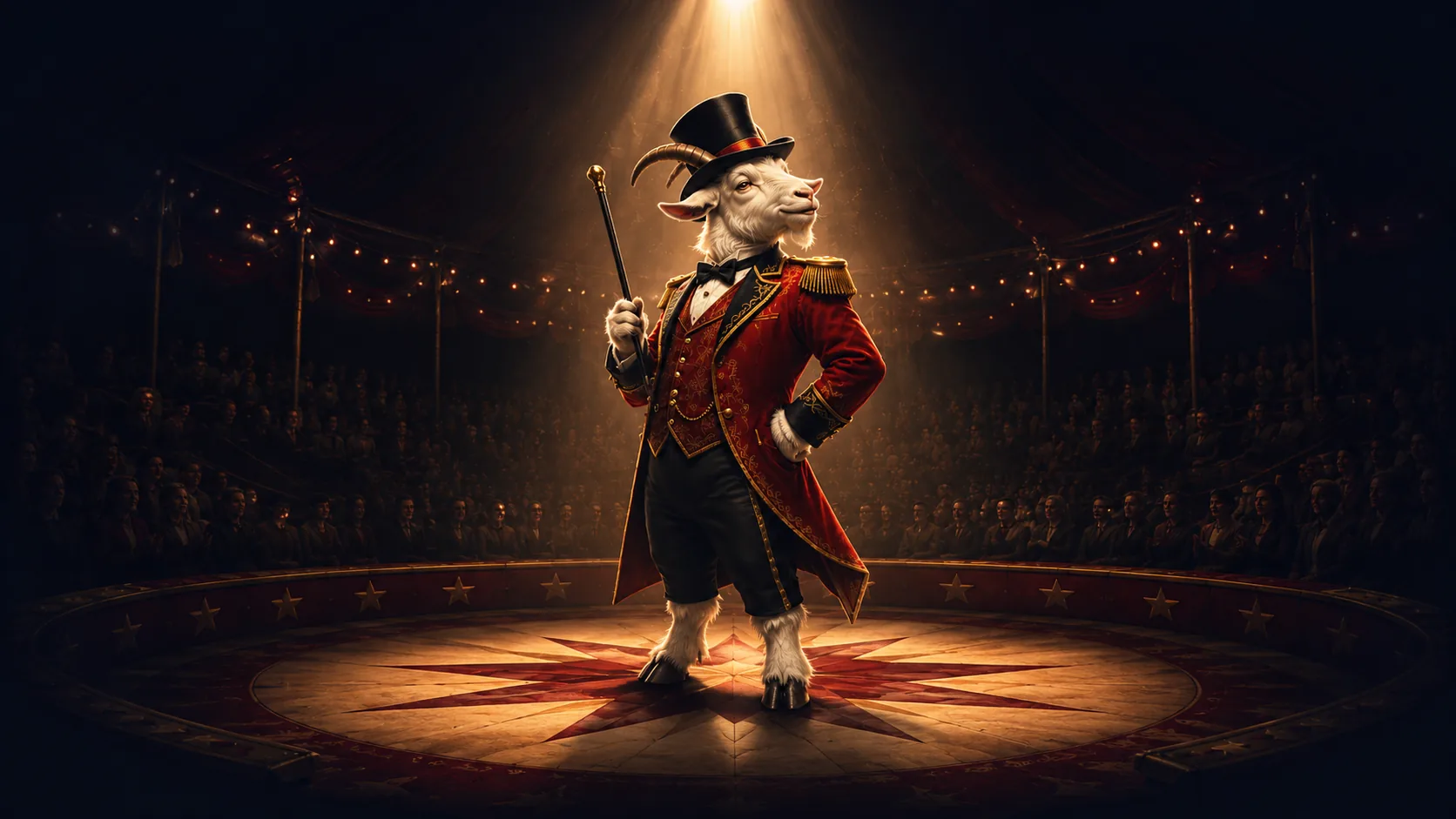 The GOAT — a top-hatted ringmaster goat commanding the center ring
