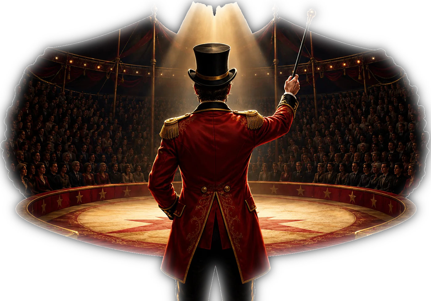 A ringmaster commanding a circus arena full of spectators